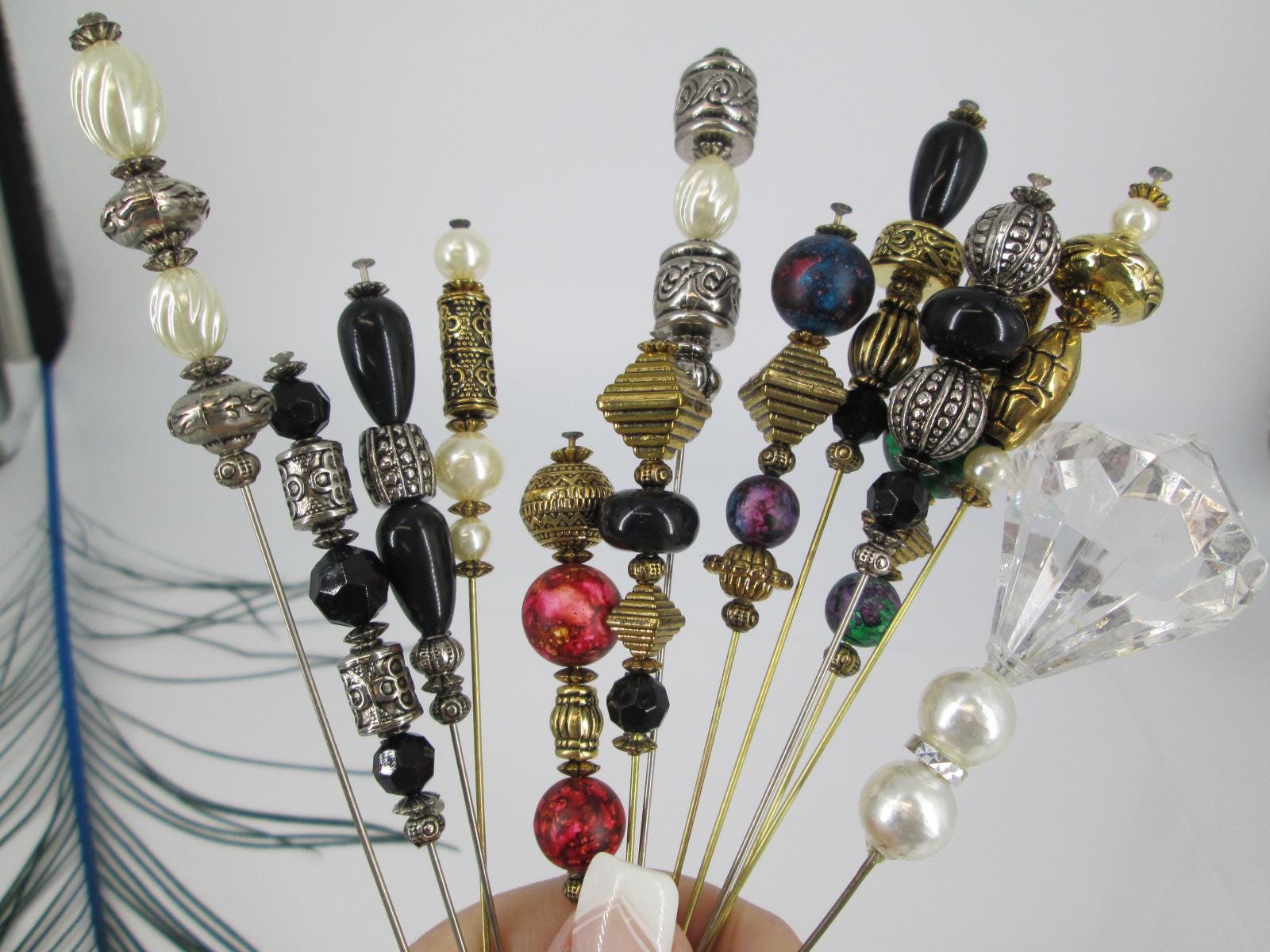 Three Vintage Hat Pins: Gold & Pearl, Freshwater Pearl & Bottle Green Glass A4044 5 main image 2