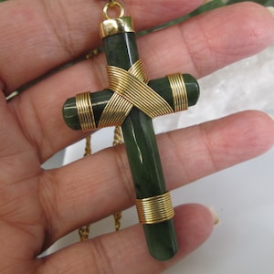 Jade Cross Necklace&gt;Nephrite Cross,Gold andJade Cross,Large Cross Necklace,circa 1960&#39;s. New old stock,Genuine JADE,Religious