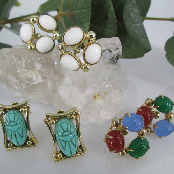 Scarab Earrings>Vintage Non Pierced Scarab Earrings>You get ALL 3 PAIR of earrings for 1 low price>Faux Scarab Earrings,Screw and Clip On