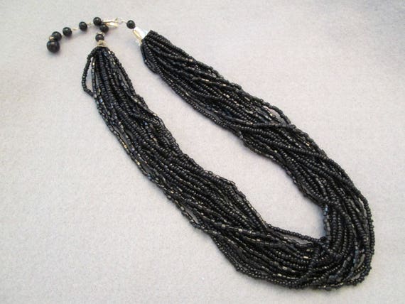 Vintage 1950's Black Beaded 16 Strand Necklace> 1… - image 2