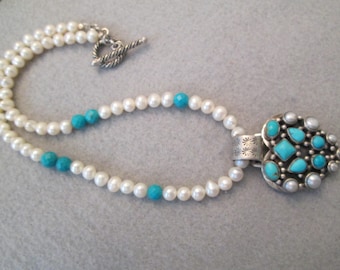 SALE>>Luscious Fresh Water Pearl Necklace with Turquoise> 16 1/2" Long>Pearl necklace, Pearls, Pearls & Turquoise, Strand of pearls