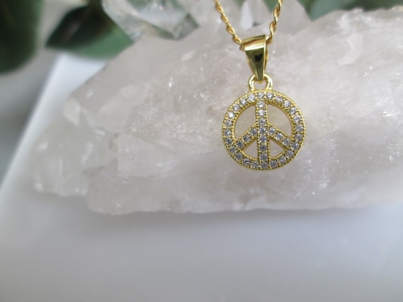 Small Gold PEACE Sign Pendant with Simulated Diamonds>14kt.Gold over Sterling Silver Peace Sign,Peace sign pendant,Peace,Diamond Peace sign