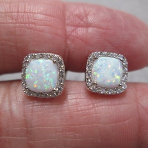 Opal Earrings>Classic Halo White Opal CUSHION CUT Stud Earrings>925 Sterling Silver>Opal Earrings,Opal Studs,925 Sterling Opal Stud Earrings