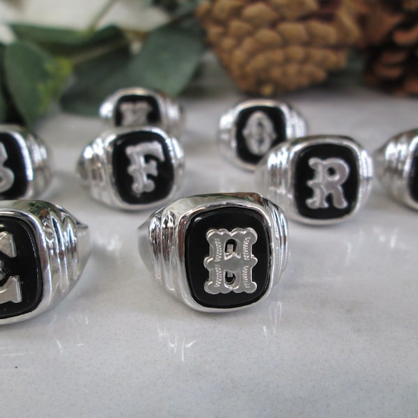 STERLING Silver INITIAL Rings>Boy's/Men's Genuine ONYX Initial Ring>Various Sizes and Initials>Silver Signet ring,Boy's/Men's Initial Rings