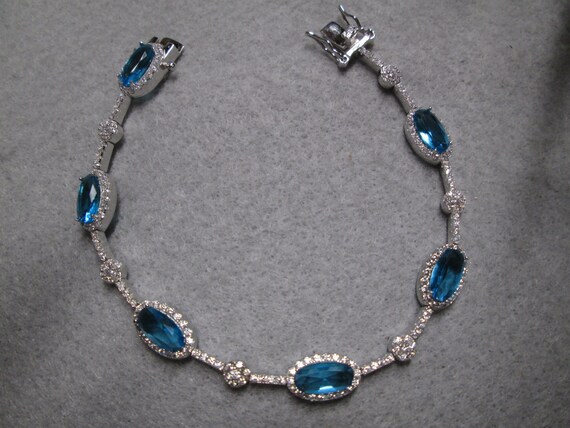 Sterling"Diamond and Aquamarine" Tennis Bracelet>… - image 3
