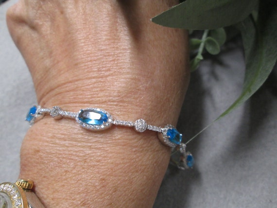 Sterling"Diamond and Aquamarine" Tennis Bracelet>… - image 1