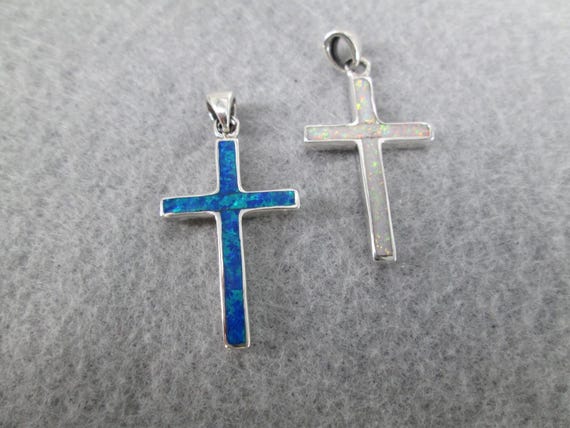 OPAL CROSS Pendant>925 Sterling Silver Opal Cross,Choice of Blue Opal OR White Opal Cross,Sterling Silver Inlay Opal Cross Pendant,Religious