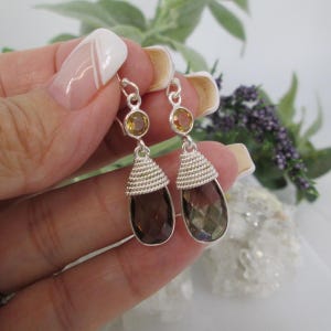 Smoky Topaz Sterling Earrings&gt;Genuine Smokey Topaz/Citrine Drop Earrings,Sterling Silver Dangle Earrings,Smoky Topaz and Citrine Drops