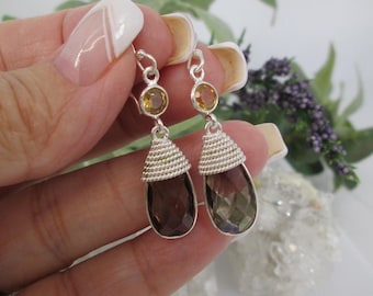 Smoky Topaz Sterling Earrings>Genuine Smokey Topaz/Citrine Drop Earrings,Sterling Silver Dangle Earrings,Smoky Topaz and Citrine Drops
