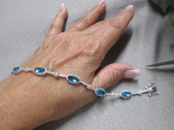 Sterling"Diamond and Aquamarine" Tennis Bracelet>… - image 2