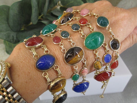 Amazon.com: 14K Yellow Gold Handmade Scarab Bracelet With Oval Shaped  Gemstones 8 Inches : Handmade Products