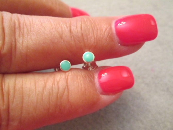 Tiny Sterling Silver TURQUOISE Stud Earrings>925 … - image 1