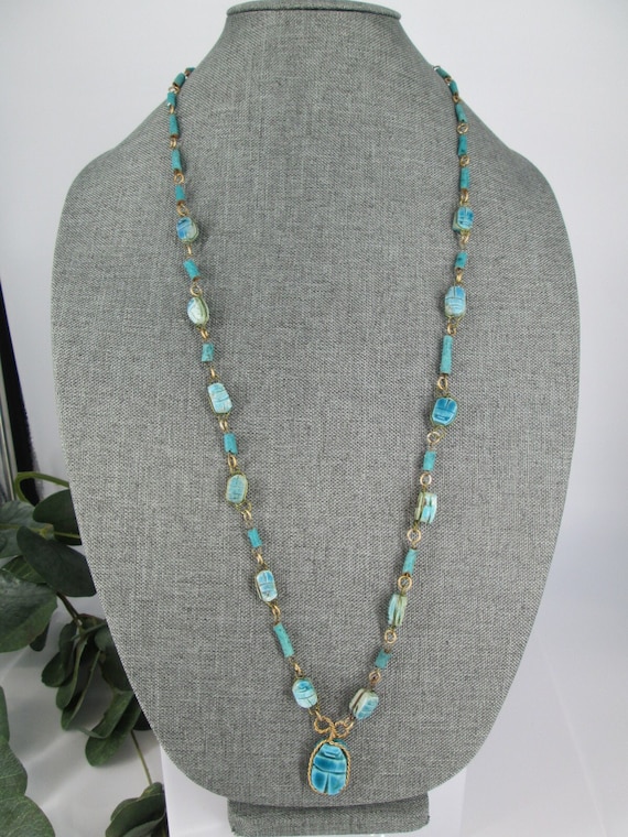 Vintage SCARAB Necklace>Blue Faience Scarab Neckla