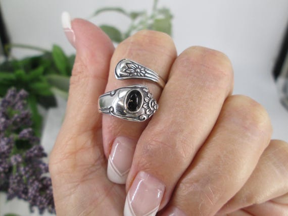 Onyx SPOON RING>Sterling Silver Spoon Ring,925 Silver Onyx Spoon Ring,Vintage Spoon Ring,Victorian Style Spoon Ring,Semi Adjustable,Unisex