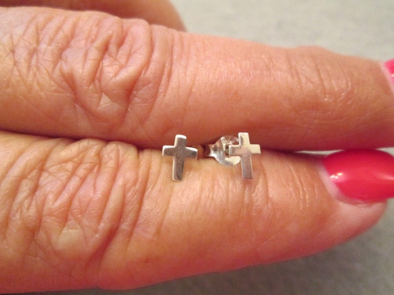 Small Solid 925 Sterling Silver CROSS Stud Earrin… - image 1