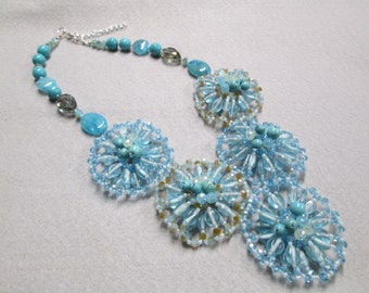 Beautiful Turquoise Color Beaded Bib/Necklace>Turquoise Necklace,Turquoise Beaded Necklace, Intricate Beading> Luscious Color!