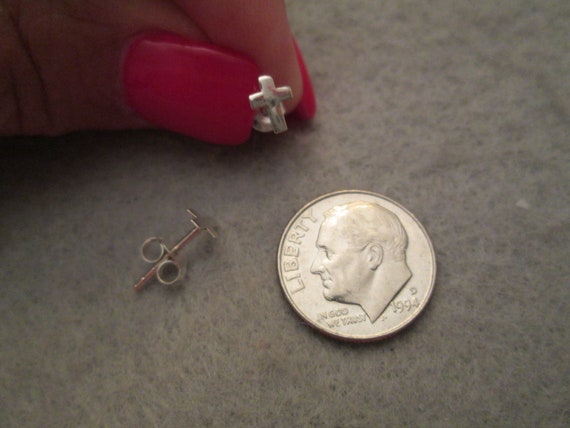Small Solid 925 Sterling Silver CROSS Stud Earrin… - image 2