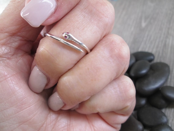 925 Sterling Snake Ring with Red CZ Eyes>Sterling Silver, Sterling Snake ring,Snake Wrap, Dainty Snake ring, Minimalist, Reptile, Wrap Snake
