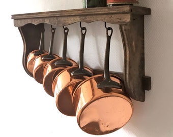 Elegant Set of Five French Vintage Copper Pans / Saucepan With Wrought Iron Handles