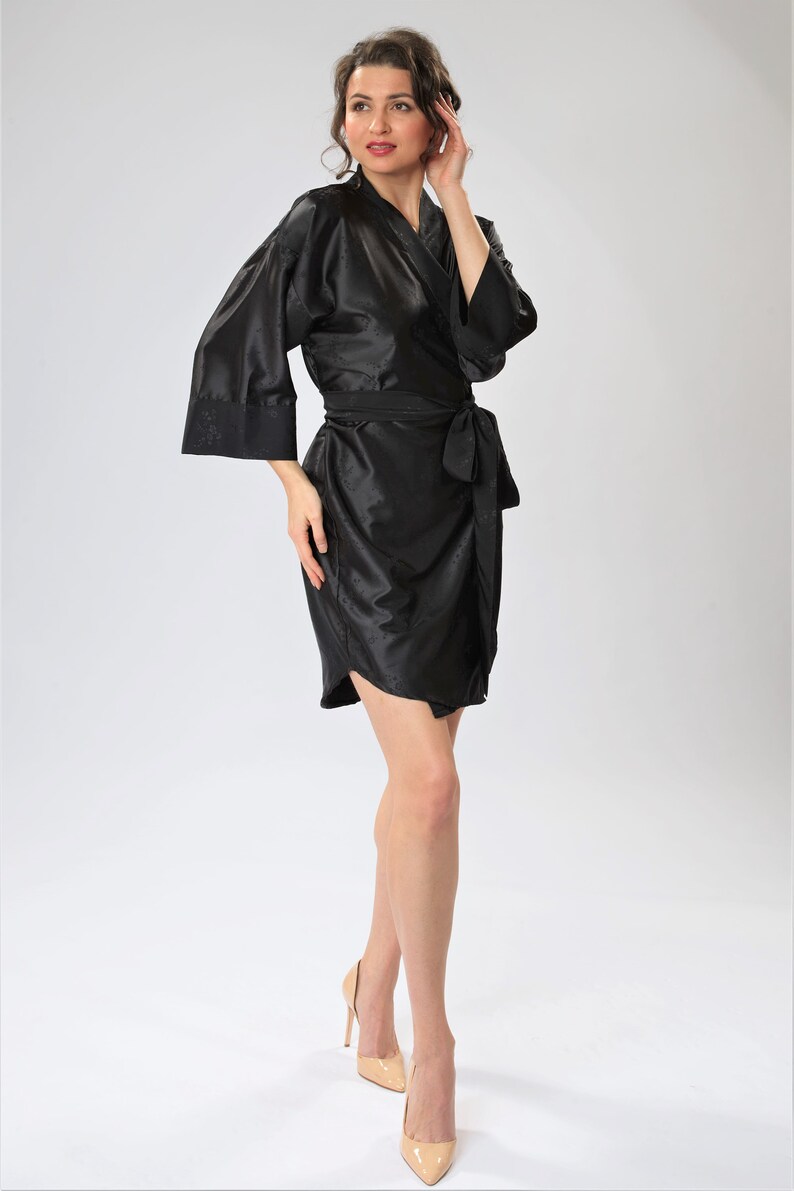 Black Silk Kimono Robe, Luxury Black Bridal Robe, Couture Black Silk