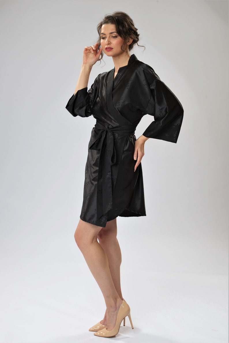 Black Silk Kimono Robe, Luxury Black Bridal Robe, Couture Black Silk