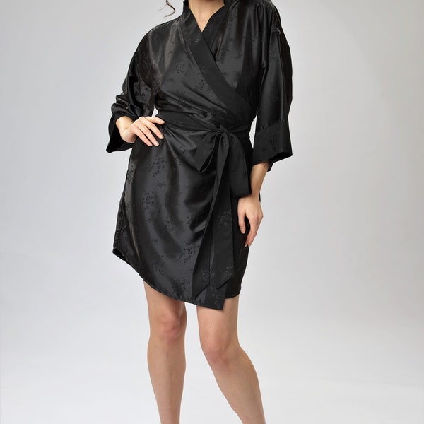 Black Silk Kimono Robe, Luxury Black Bridal Robe, Couture Black Silk Robe, Mother Of The Bride Robe, Luxury Wife Gift,Designer High-End Robe