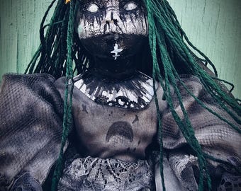 One-of-a-Kind "Elara"  the Midnight Moss & Gossamer Lace, horror art doll decor