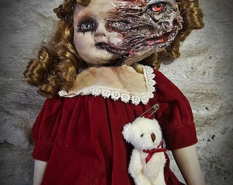Muñeca de arte de terror "con rostro dividido" esculpida a mano de Seraphina, alma dividida, de 40 cm (16") – Pieza única de colección musical de porcelana y resina