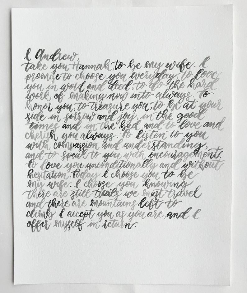 Watercolor Wedding Vows Handlettered Calligraphy Vows