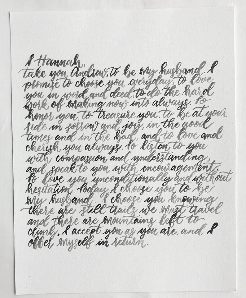 Watercolor Wedding Vows Handlettered Calligraphy Vows