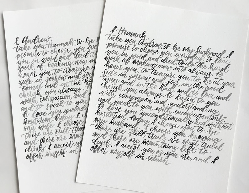 Watercolor Wedding Vows Handlettered Calligraphy Vows