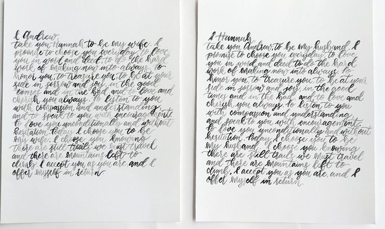 Watercolor Wedding Vows Handlettered Calligraphy Vows