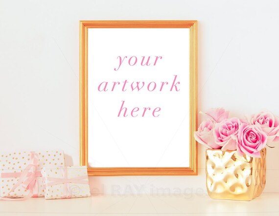 Styled Stock Photography Roses And Gold Frame Mockup