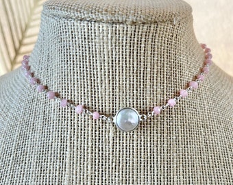 Pearl Choker with Pink Chalcedony or Moonstone Beads
