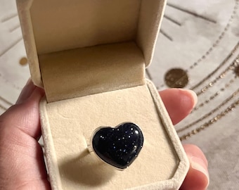 Heart Blue Goldstone // Sandstone Ring // Sterling Silver // Handmade // Starry Night // Size 9