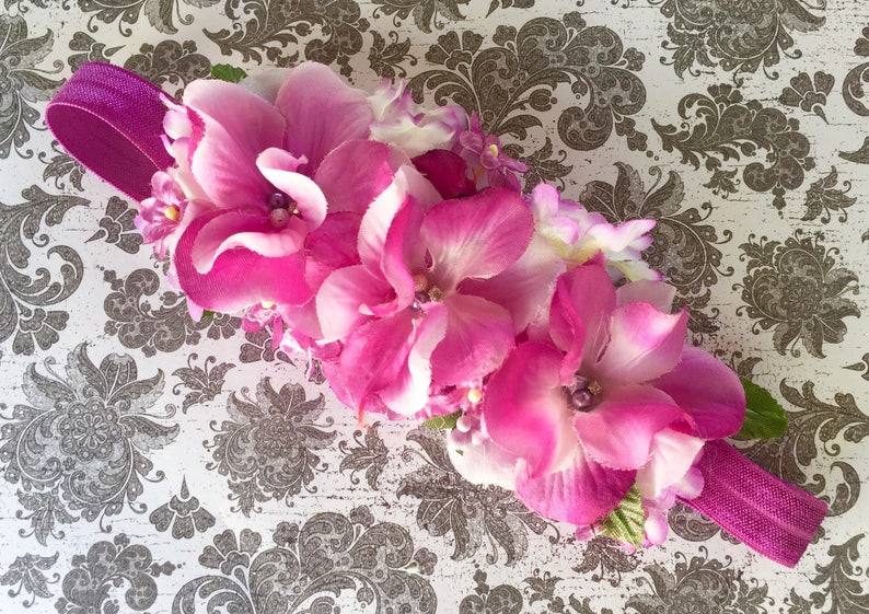 Plum Baby Girl and Toddler Flower Headband Lavender Lilac and White Newborn Floral Hydrangea headband Pink Baby Infant Flower Halo