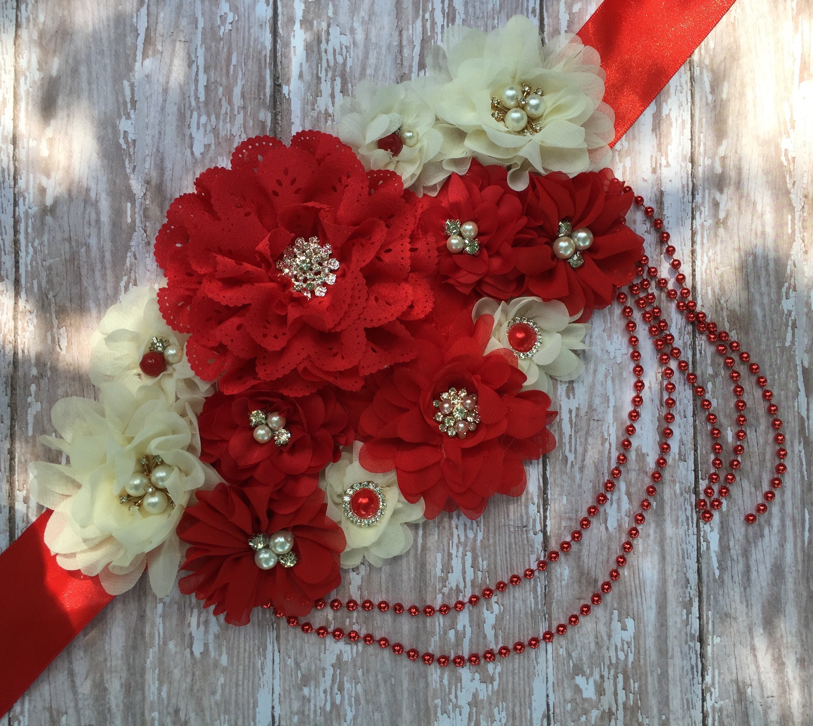 Red and Ivory Flower Maternity Sash Shabby Chic Pregnancy Etsy