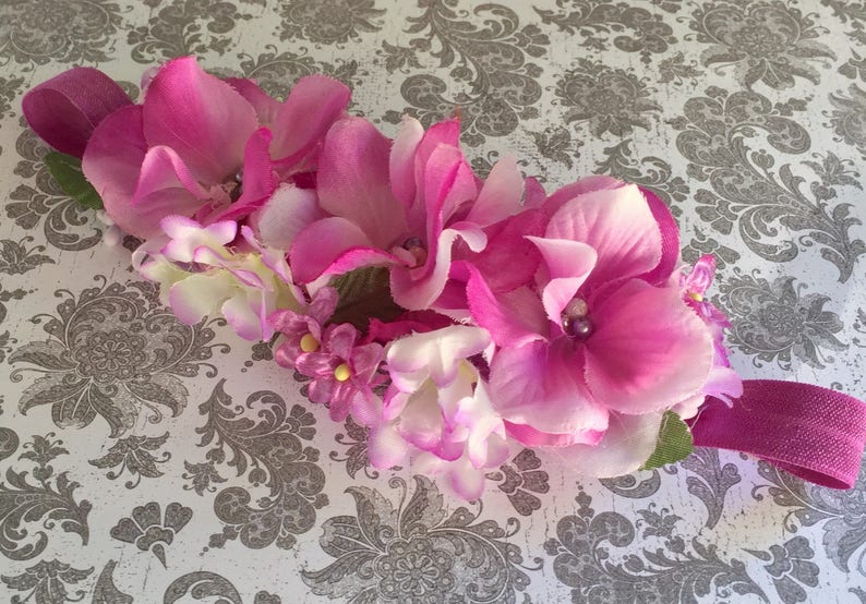 Plum Baby Girl and Toddler Flower Headband Lavender Lilac and White Newborn Floral Hydrangea headband Pink Baby Infant Flower Halo