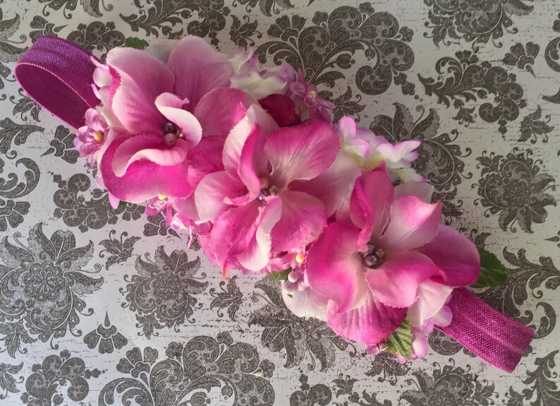 Plum Baby Girl and Toddler Flower Headband Lavender Lilac and White Newborn Floral Hydrangea headband Pink Baby Infant Flower Halo