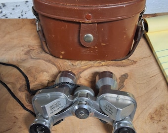May include: Silver and black Bushnell binoculars with brown eye pieces and a black neck strap. The binoculars are next to a brown leather case with a snap closure. The case has a handle and is brown.