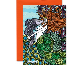 Fish Kiss Mermaid Blank Greeting Card 5x7