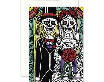 May include: A colorful illustration of a skeleton couple dressed in wedding attire. The groom is wearing a black suit with a top hat and bow tie. The bride is wearing a white dress with a floral crown and a bouquet of red roses. The background is a vibrant mix of green, yellow, and red.