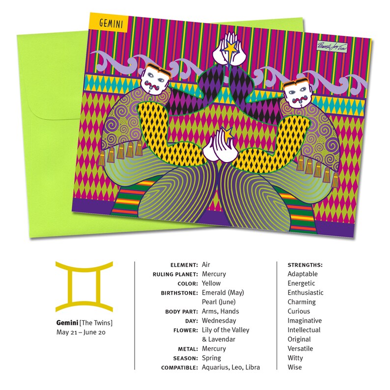 Zodiac Sign Gemini The Twins Horoscope 5x7 Blank Greeting Card