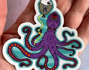 Magnet of Octopus With Fish Skeleton Balloon, Day of the Dead Decals, Sealife Sticker