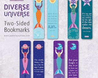 Set of 4 Bookmarks Diverse Universe Mermaid and Universe Bookmarks Doublesided with Quotes