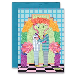 Gay Men Flamingo Groom and Groom Wedding Carte de vœux-LGBT