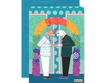 Gay Men Cat Groom and Groom Wedding Greeting Card-LGBT