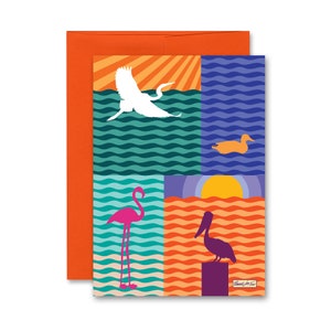 Beach Birds Blank Greeting Card- Heron Duck Flamingo Pelican