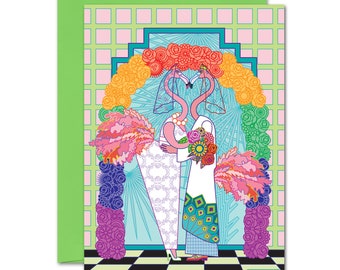 Lesbian Flamingo Bride and Bride Wedding Greeting Card LGBT