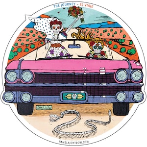 Day of the Dead Pink Cadillac Journey Vinyl Sticker 4&quot; Round